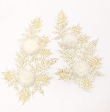 White Hand Embroidered Floral Applique, Beaded Floral Motif With Feather Pom Pom, 1 Pc